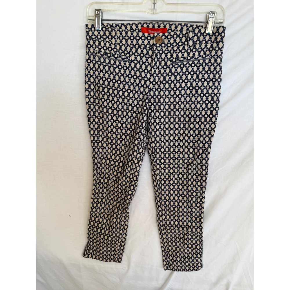 Cartonnier Anthropologie Navy Cream Geometric Trellis Ankle Pants Size 0